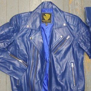 Men's Blue Leather Cafe Motor jacket SZ M